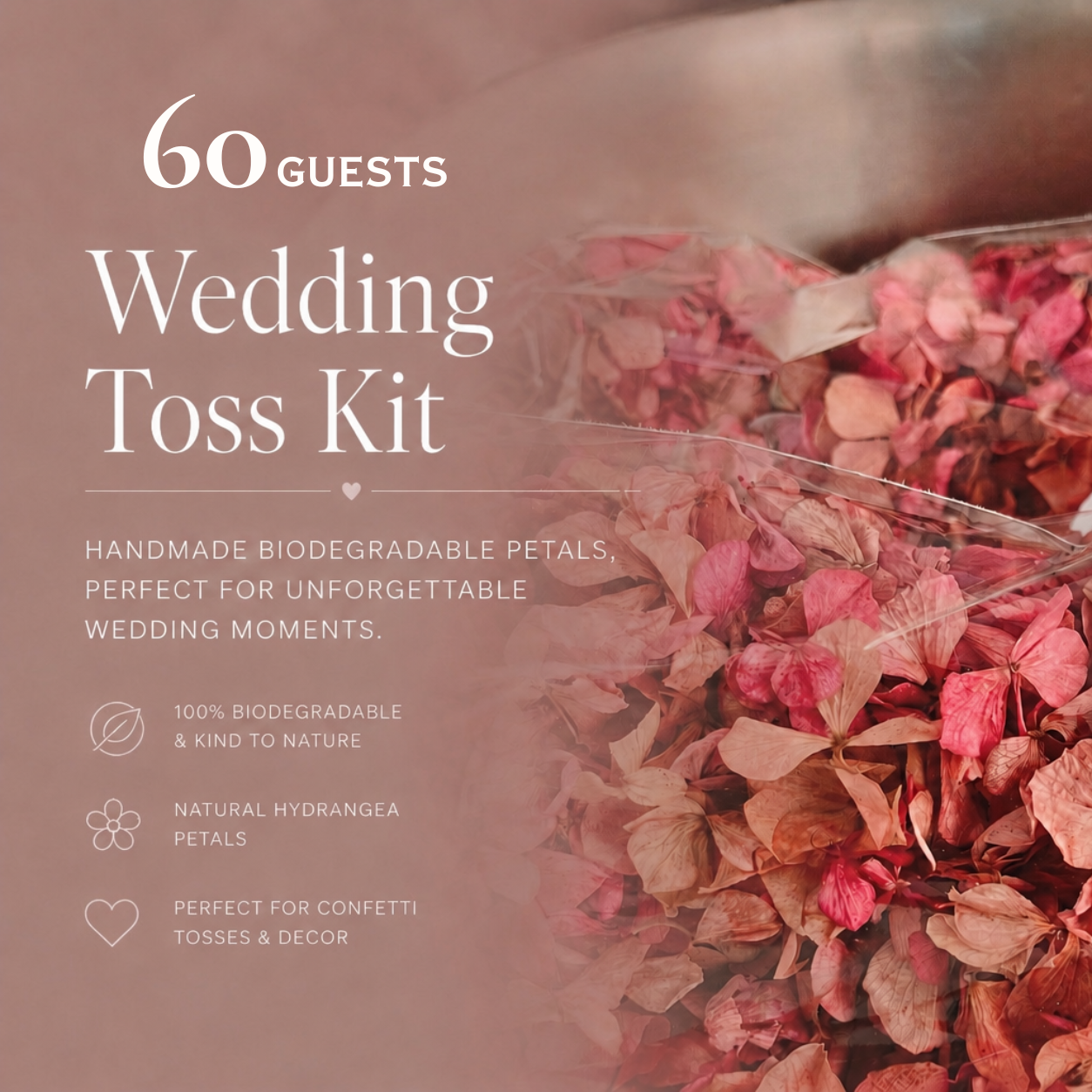 Wedding Toss Kit • Mixed Colours Hydrangea Petals • 60 Guests Includes 60 handfuls & 60 cones